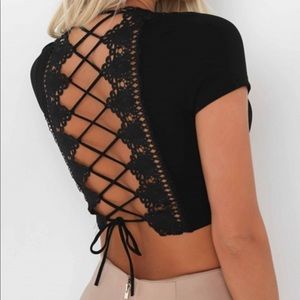 Deep V lace up crop top